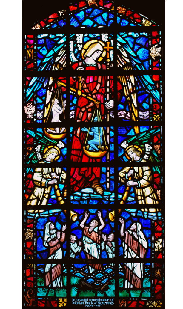 Bosbury church stained glass window to Marian Buck in nave
